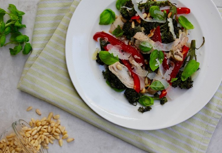 Purple Sprouting Broccoli with Roast Chicken, Red Pepper, Pine Nuts and Basil and Other Ideas