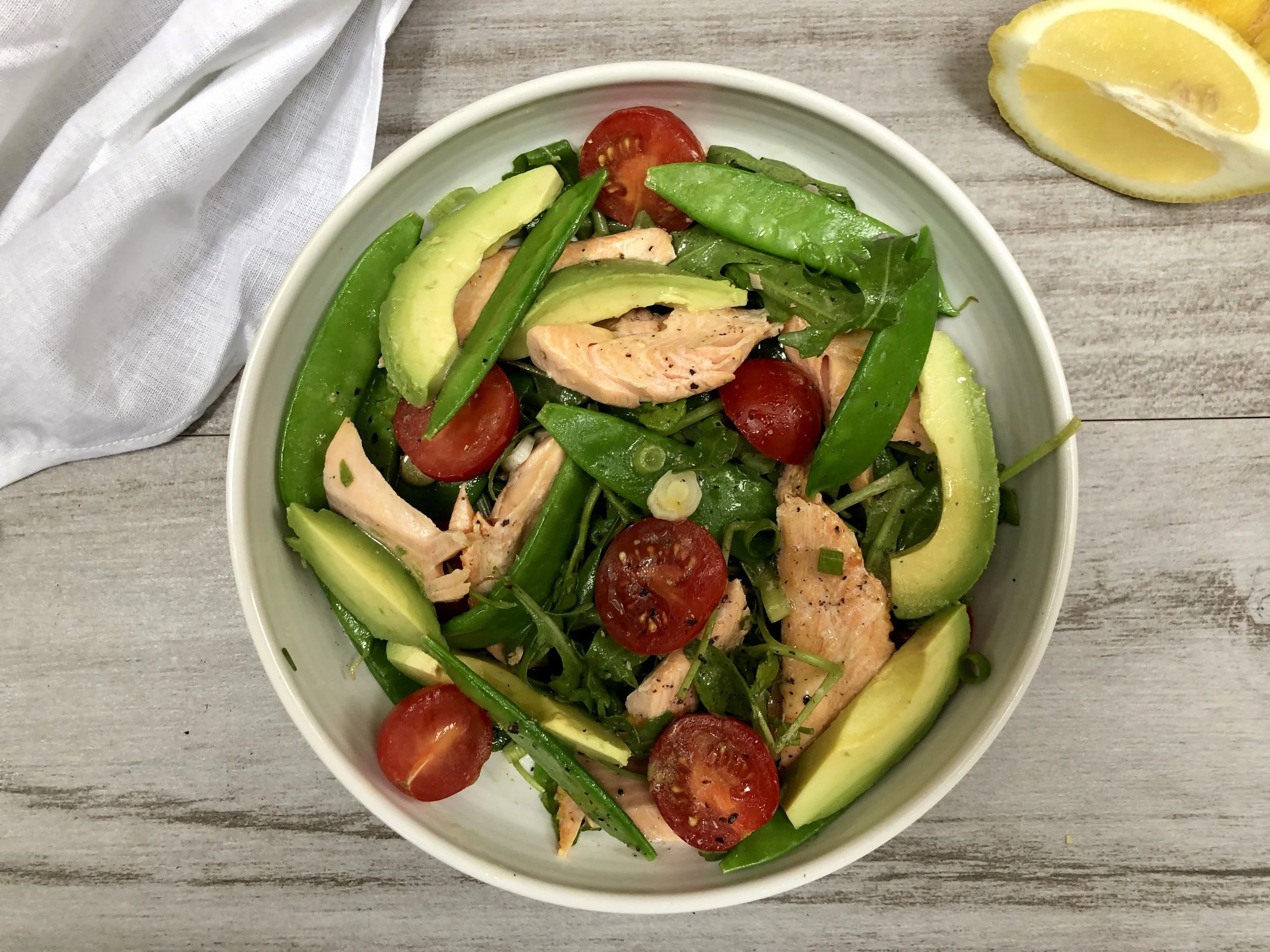 Marvellous Mangetout Salad with Pan-fried Trout and Lemon Dressing