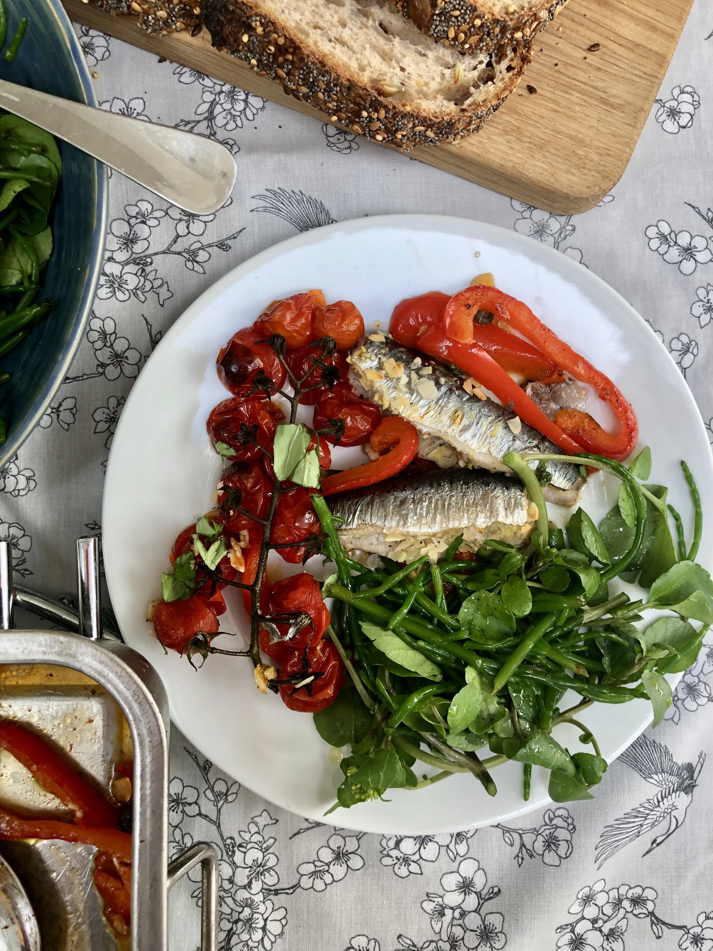 Roasted Tomatoes, Peppers and Capers with Stuffed Sardines, served with Watercress and Samphire Salad and Sourdough