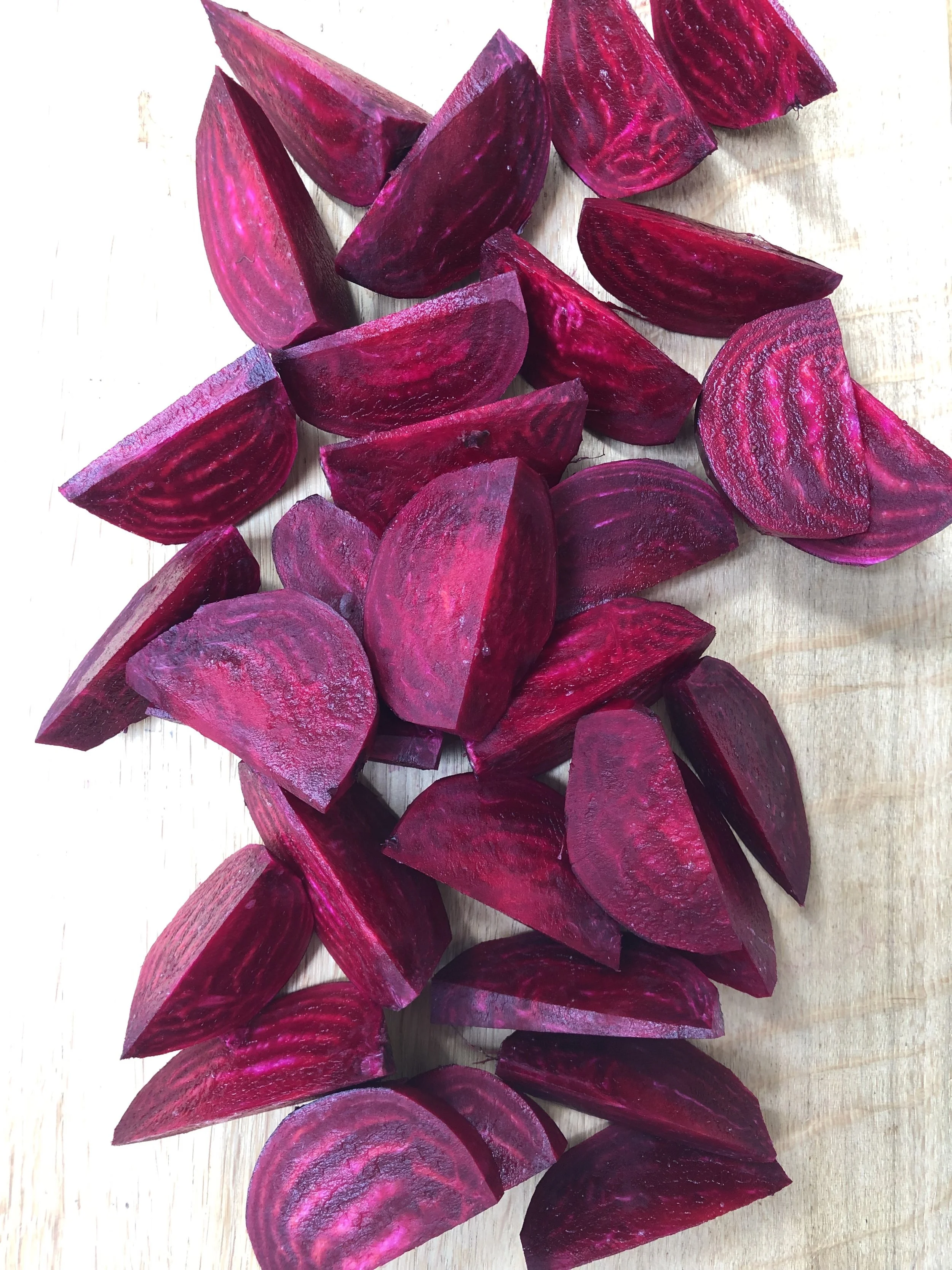Beetroot wedges ready for roasting