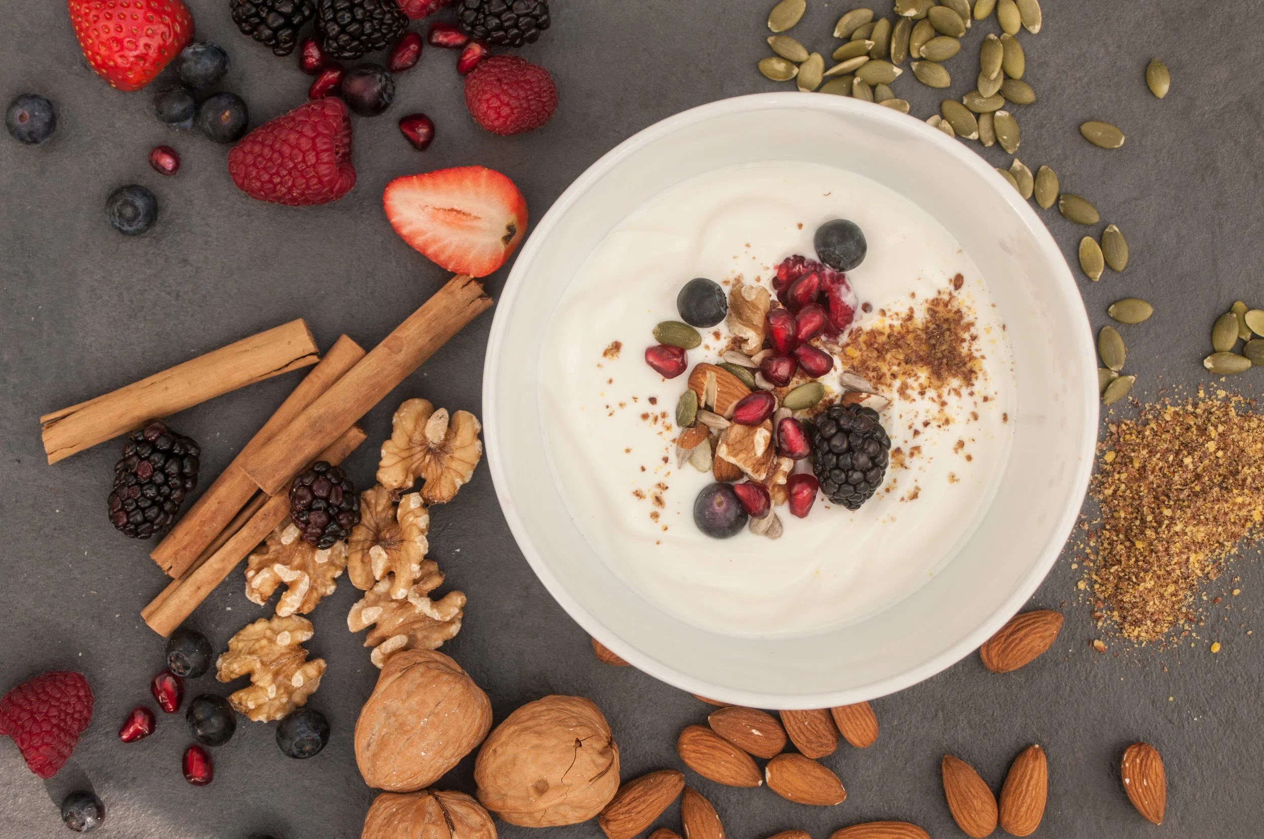 Probiotic yoghurt with polyphenol rich berries, linseeds, walnuts and cinnamon
