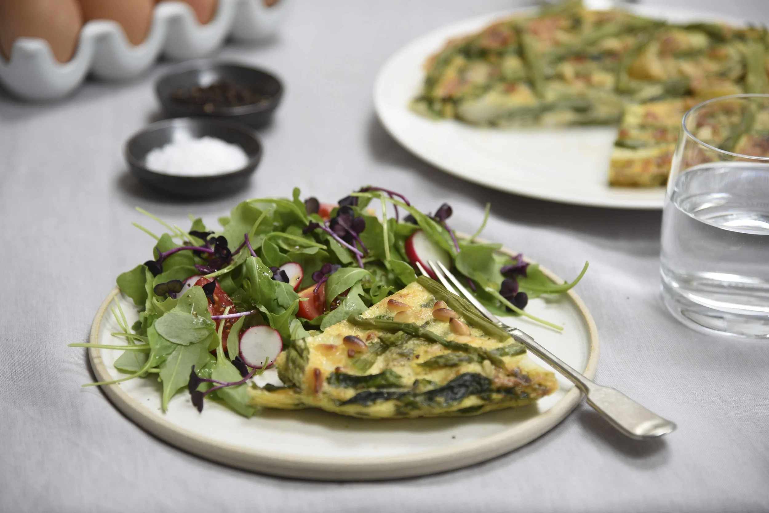 Asparagus & Spring Onion Frittata with Mixed Leaf, Radish & Tomato Salad