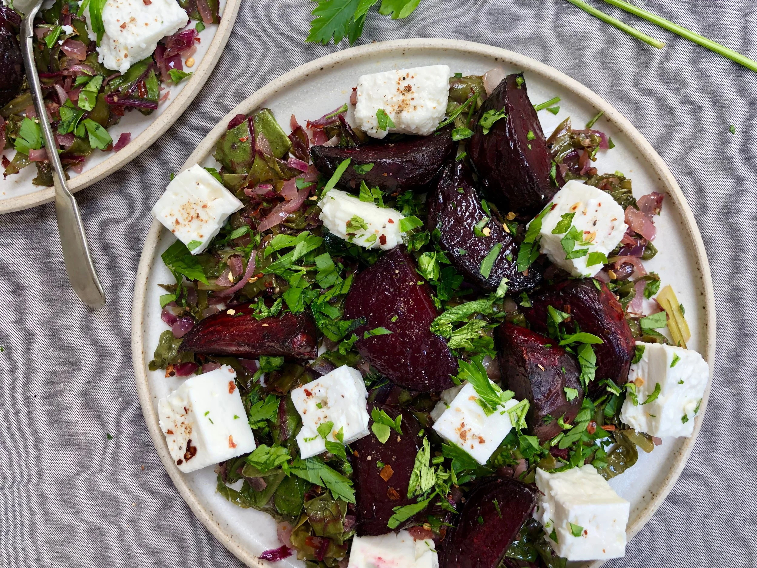 Roasted Beetroot, Wilted Beet Greens, Spinach and Feta
