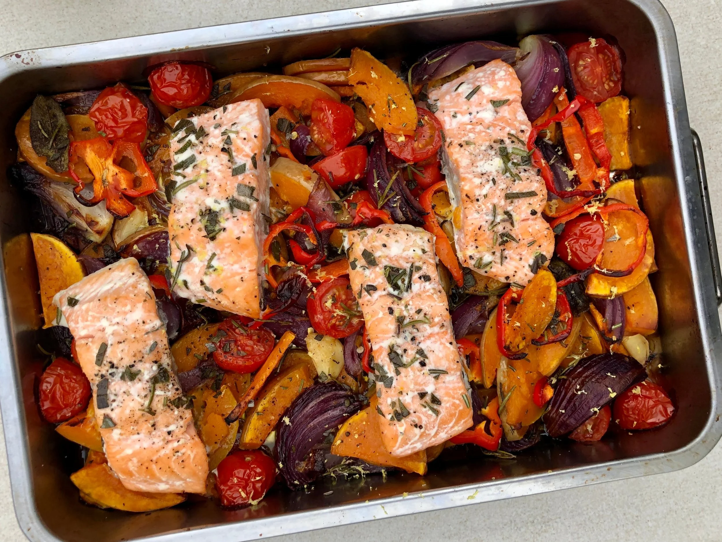 Sage and Rosemary Roasted Squash & Salmon Traybake