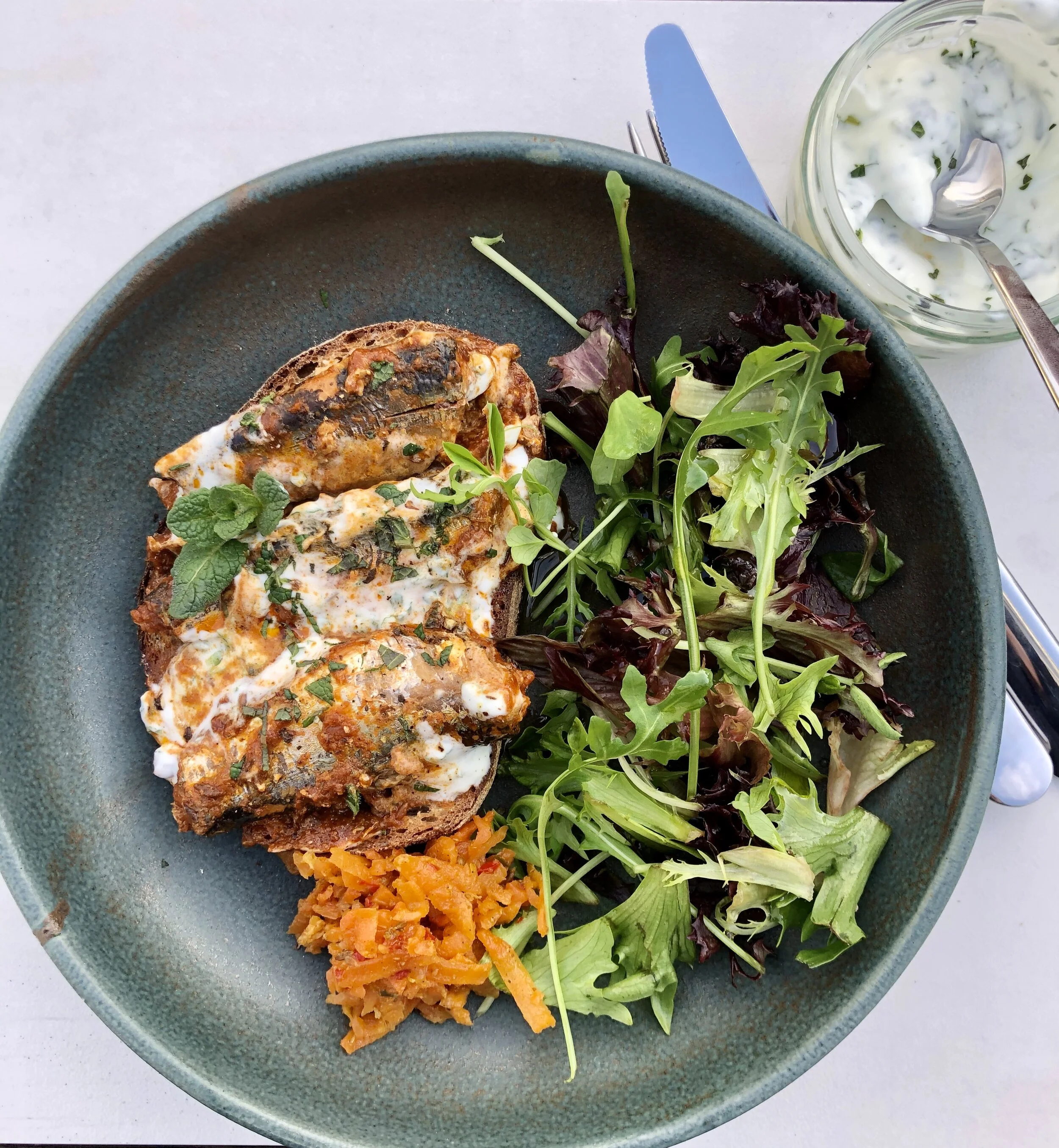 Gently Spiced Sardines on Sourdough with Green Salad and Carrot Pickle
