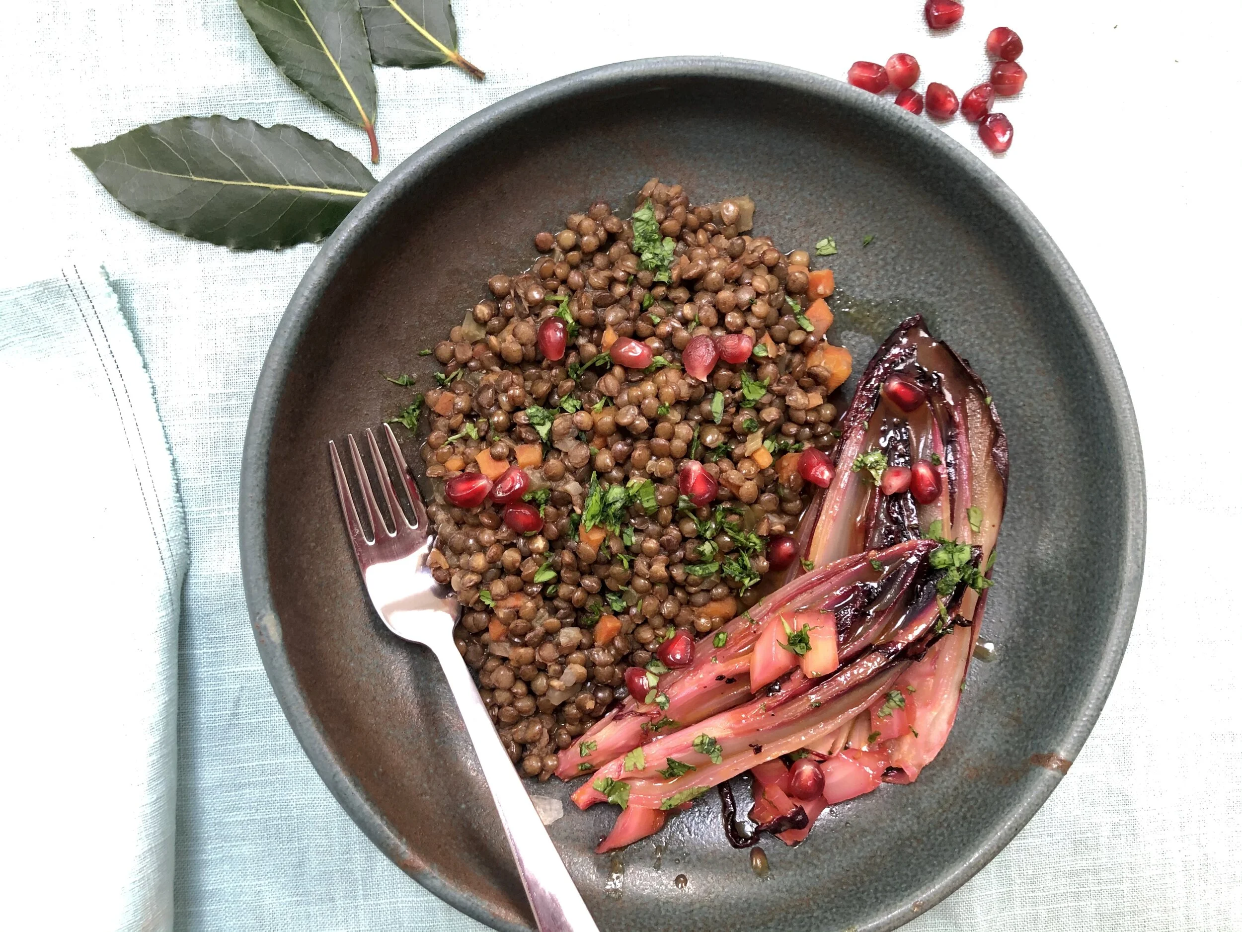 Braised, Citrusy Chicory with Puy Lentils 