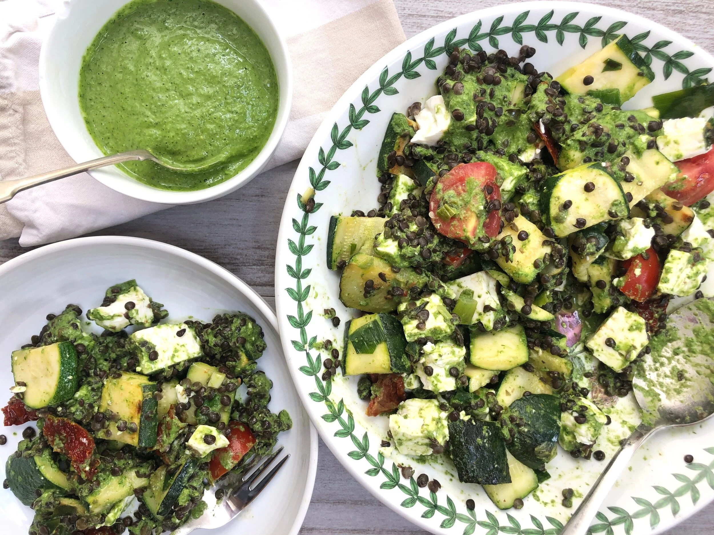 Lentil Salad with Sundried Tomatoes, Feta and Watercress, Nettle and Wild Garlic Pesto