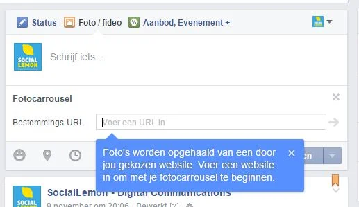Kies Facebook Carrousel en vul de verwijzende URL in.