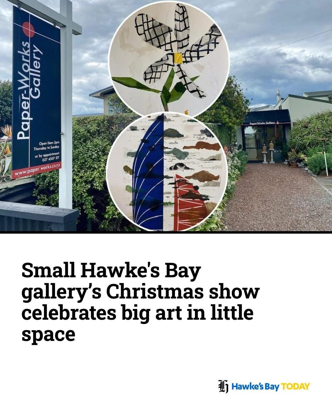 Delighted to find our Christmas Exhibition featured in @hawkesbaytoday, proof that even a small space can hold a very large conversation.

Thank you to the team for shining a light on the artists filling @paperworksgallery walls (and very nearly the 