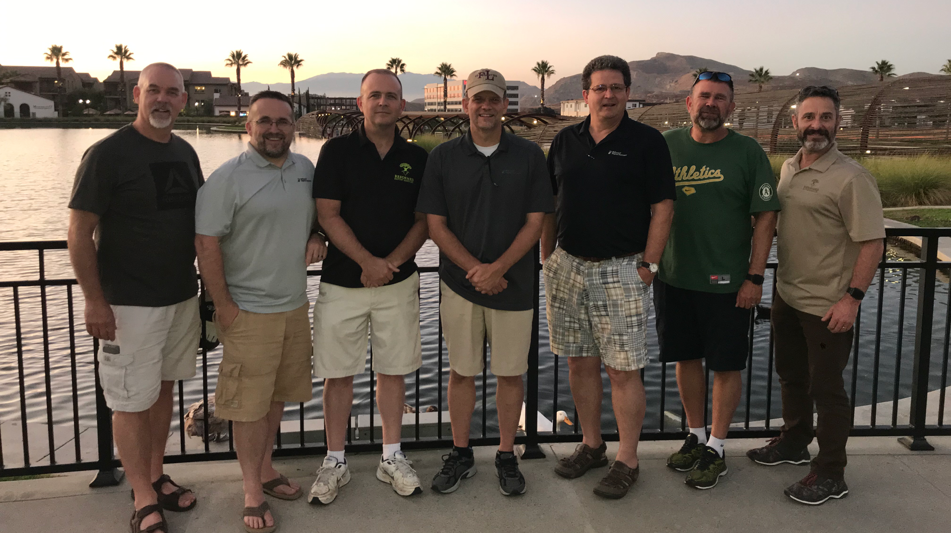 From left to right: Robert Elliott of the Reformed Baptist Church of Riverside California; Robert Briggs of Immanuel Baptist Church in Sacramento California; Jeff Johnson of Grace Immanuel Reformed Baptist Church in Grand Rapids Michigan; Jeff Smith of Emanuel Baptist Church in Coconut Creek Florida; Jamie Howell of Grace Baptist Church in Taylors South Carolina; Brian Borgman of Grace Community Church in Minden Nevada; (and me, Bob Gonzales, Dean of RBS).