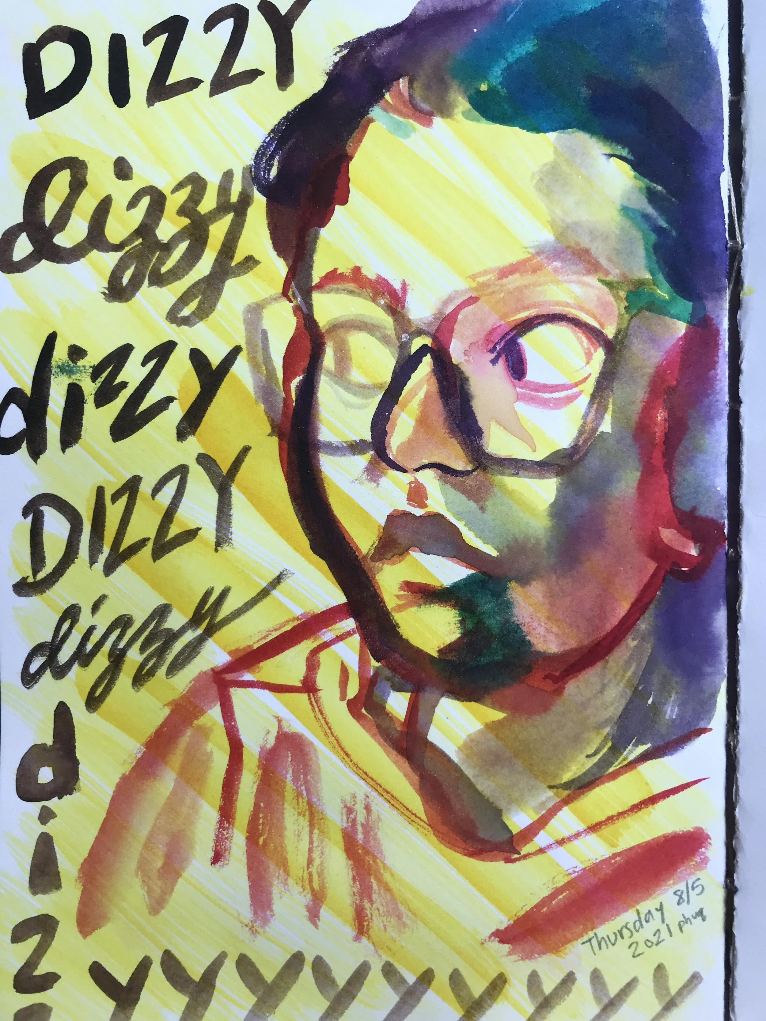  DIZZY x6 written on watercolor self portrait in clashing yellows, reds, blues and purples 