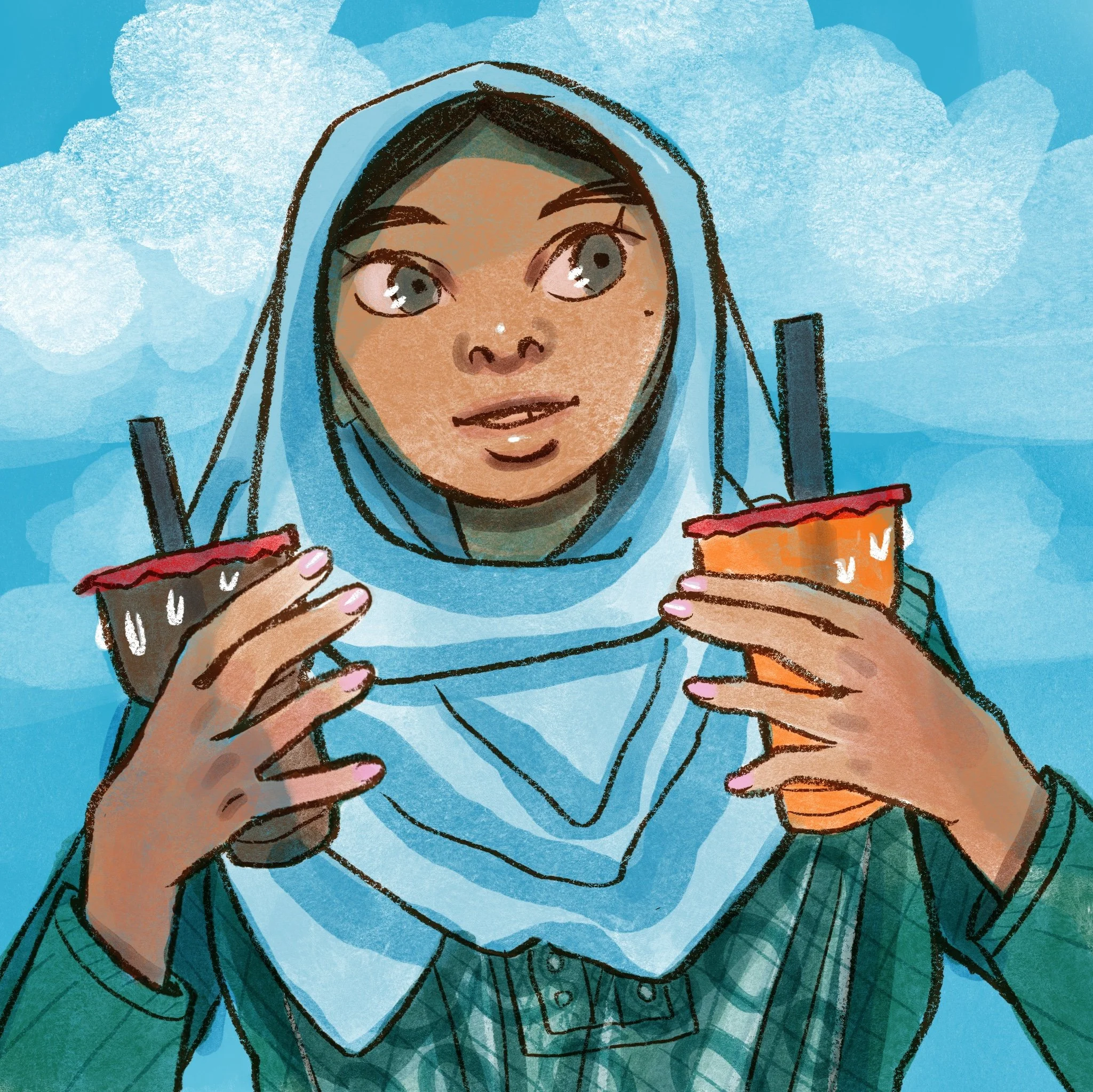  digital cartoon self portrait in salwar kameez, orna on head, holding two bubble teas on a blue sky day 