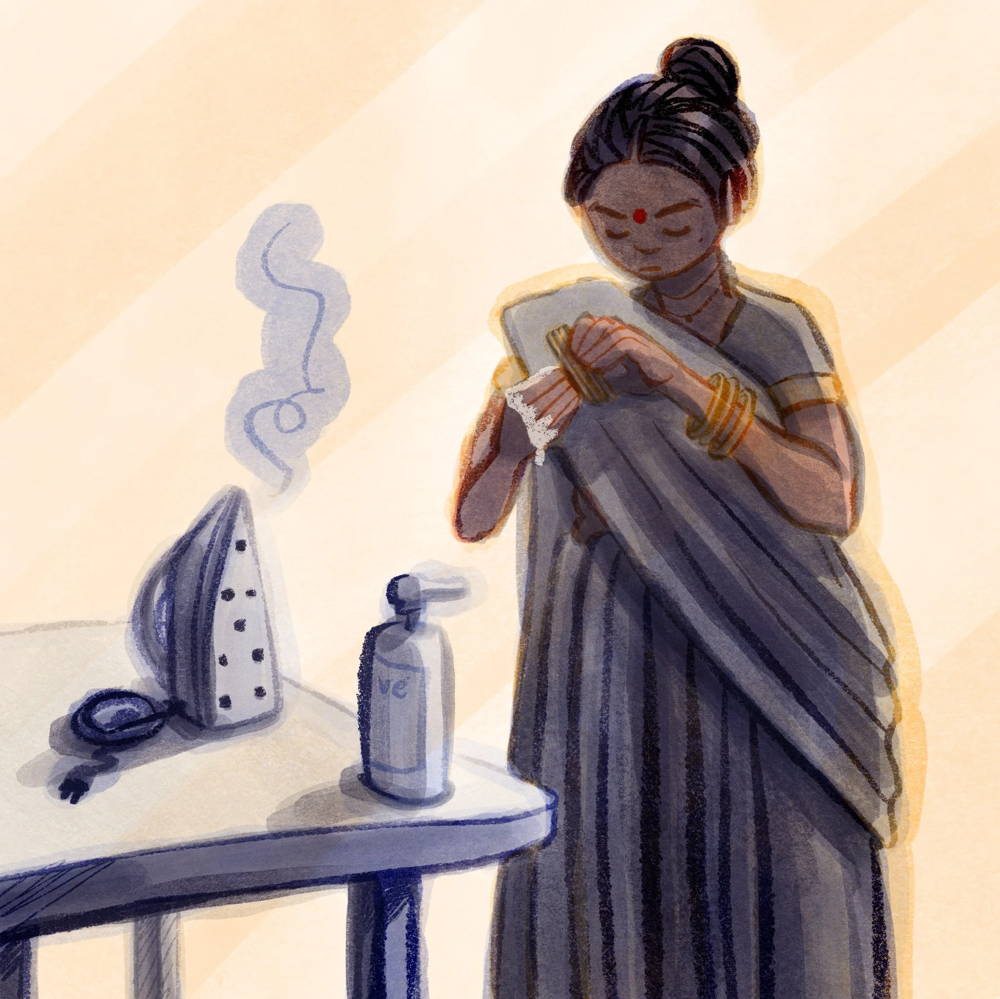  a midsize woman in sharee puts on bangles next to an iron and a bottle of lotion 