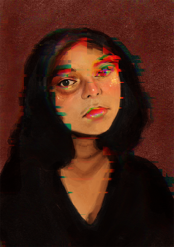  same digital self portrait as before but glitched out with red and green bars 