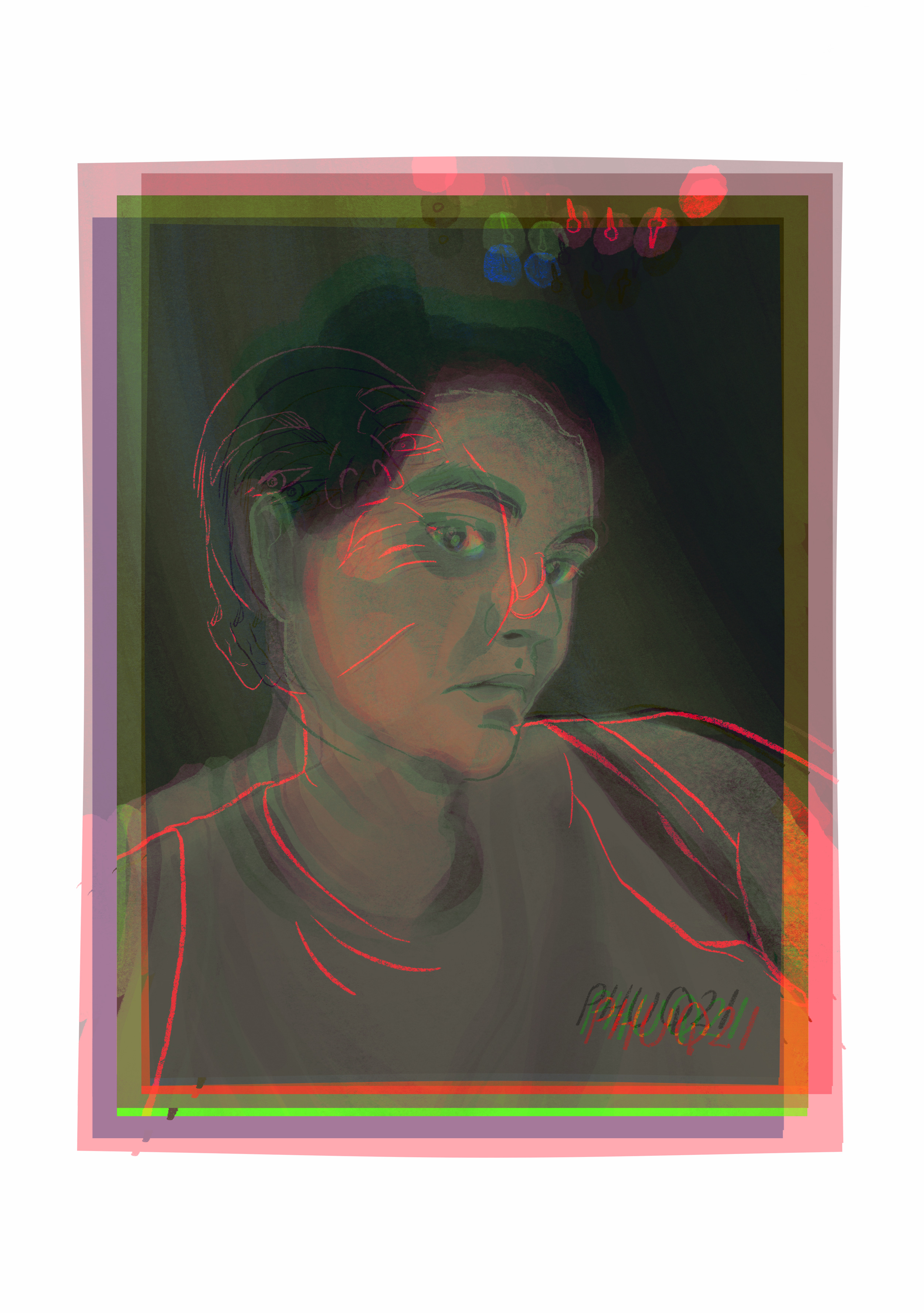  digital glitched out self portrait with ghostly line drawing of a different self portrait layered on top 