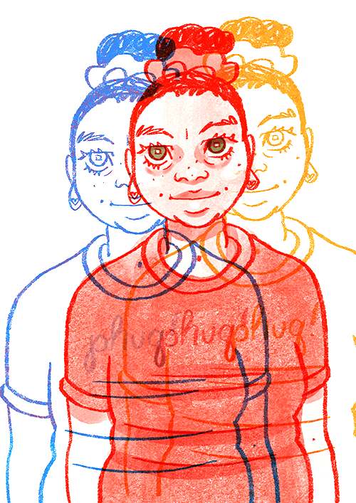  cartoon digital self portrait in red, blue, yellow- the line art is separated as though i am dissociating. tshirt says phuq! 