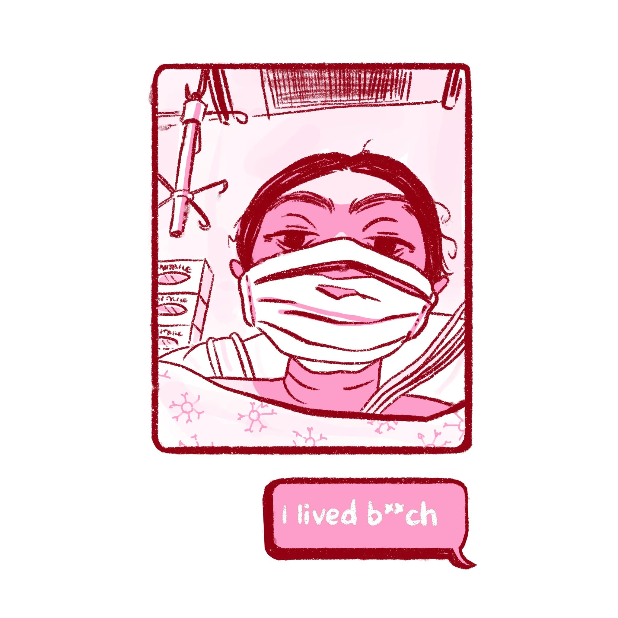  digital cartoon of the “i lived bitch” meme but it’s me in the hospital bed 