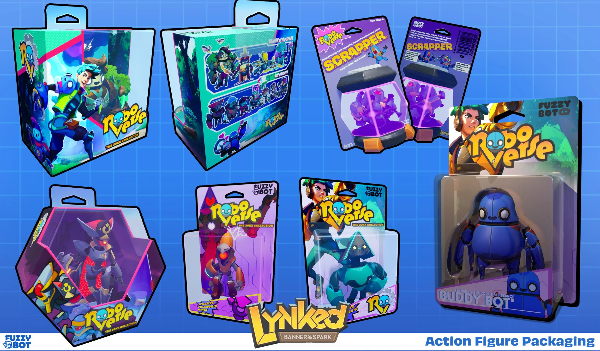 As a huge fan of action figures and their colorful and vibrant packaging, when it came time to come up with collectables for the game I lobbied for in universe action figures of our various characters. Coming up with blister packs, and boxes as well