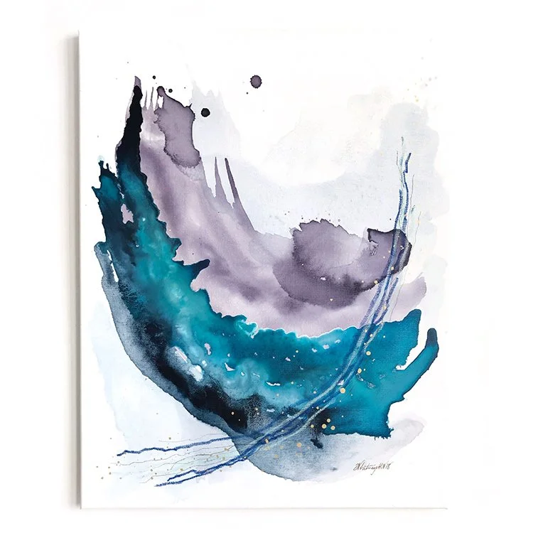straight on view of abstract ocean wave inspired acrylic ink painting in turquoise & muted violet color with pastel and graphite marks & gold metallic speckles swooping to the left