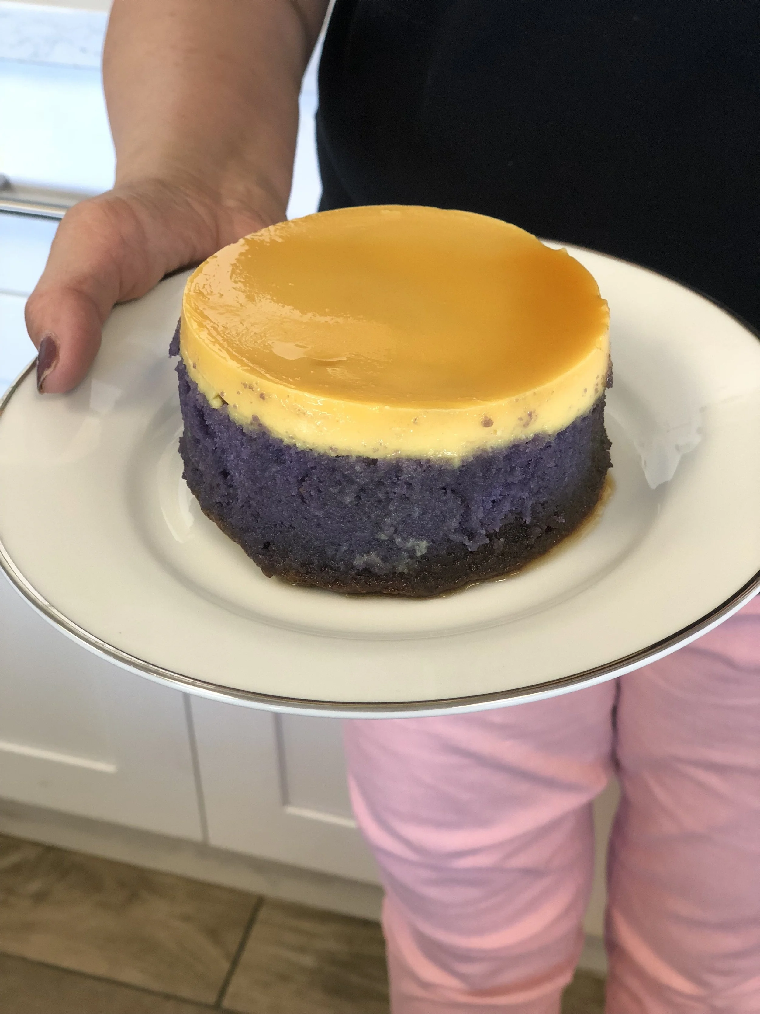 DOUBLE DECKER UBE FLAN DESSERT Our famously original dessert. Moist Ube Cake topped with rich and creamy leche flan.