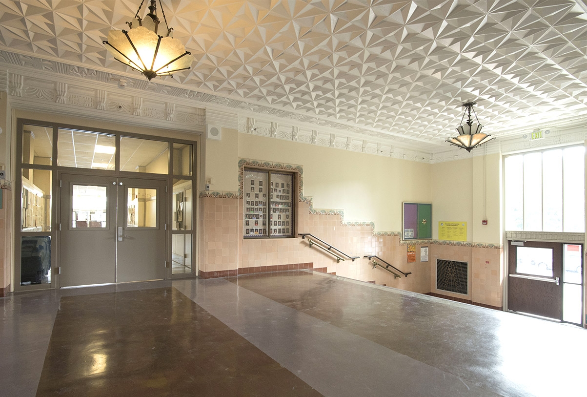 Art Deco entrance lobby to James Lick Middle School, after modernization.