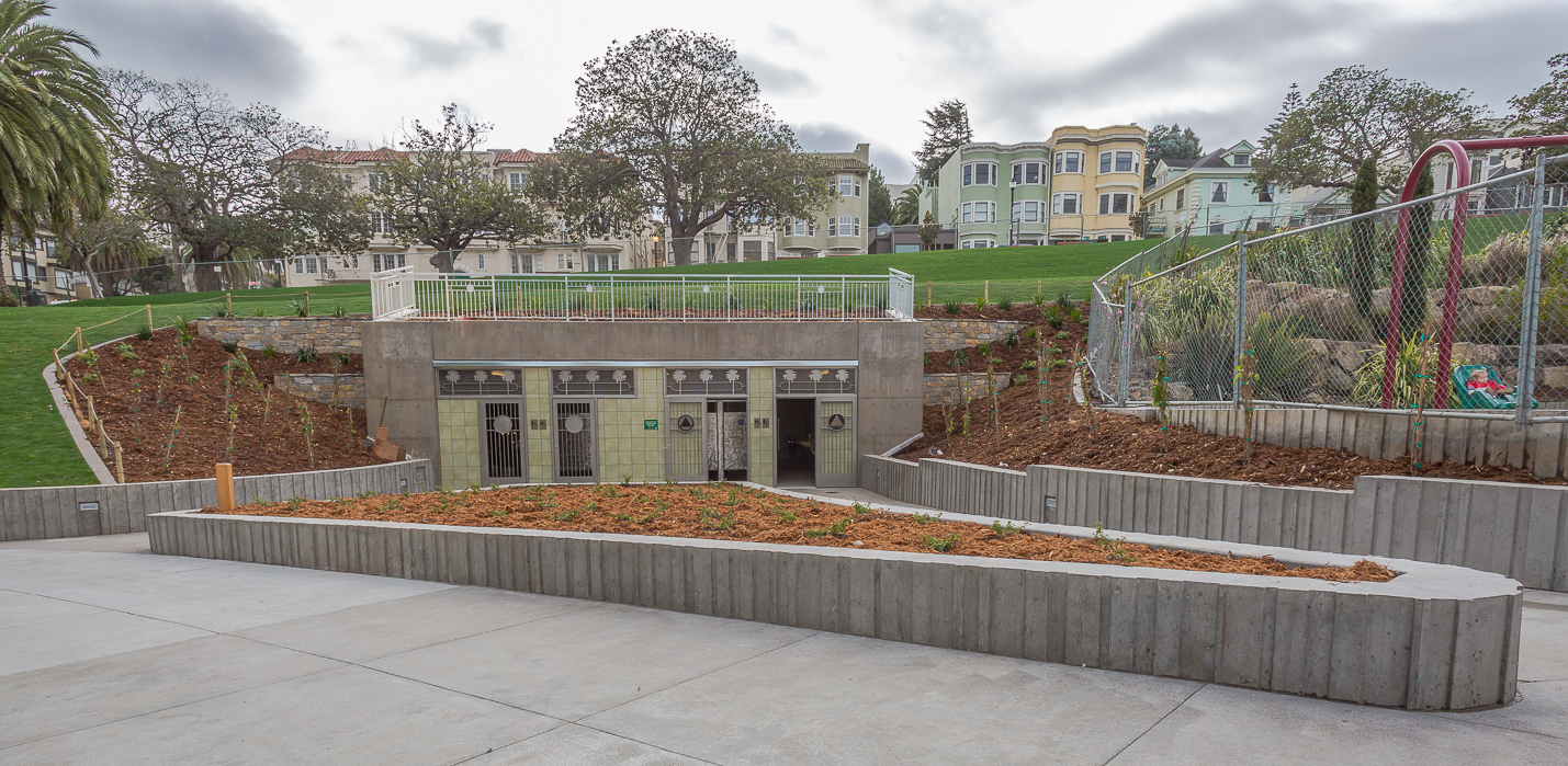 Restrooms built into hillside