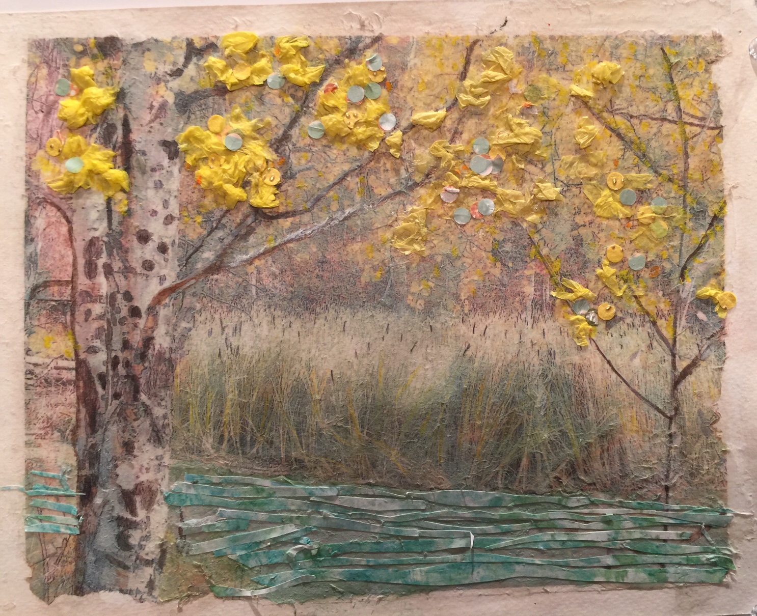 Blooming Yellow Trees Summer 2016 Original transferred photograph, tissue paper, cut up special papers 9" x 11"