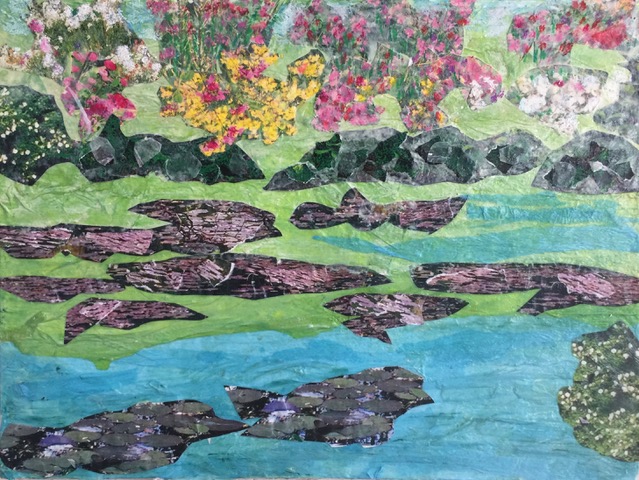 Giverney Memory 5 Spring 2017 Torn photographs, acrylic paint, tissue paper on canvas 16" x 12"