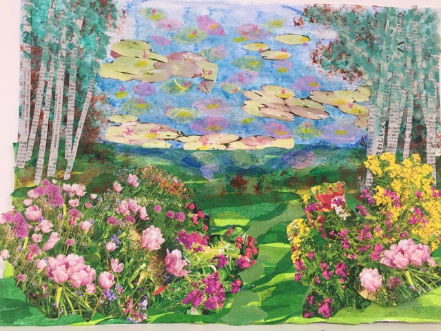 Giverney Memory 6 Spring 2017 Original photographs, acrylic paint, tissue paper, wax crayons on paper 8" x 24"
