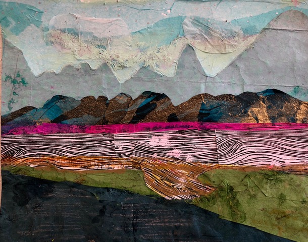 Magenta Sunset 2018 Torn paper, tissue paper & original printed papers 9” x 12”