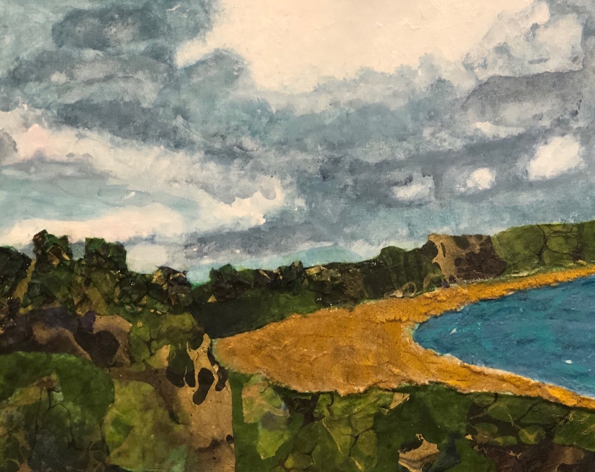 Point Reyes Bay 2018 Torn papers, acrylic paint & sand 16" x 20"