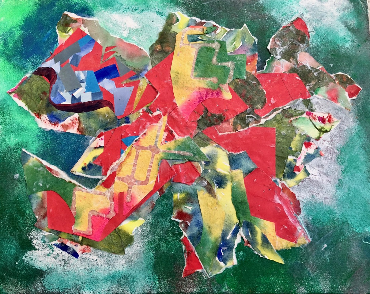 Sunburst 2018 Acrylic paint, torn up old collages & papers 14" x 18"