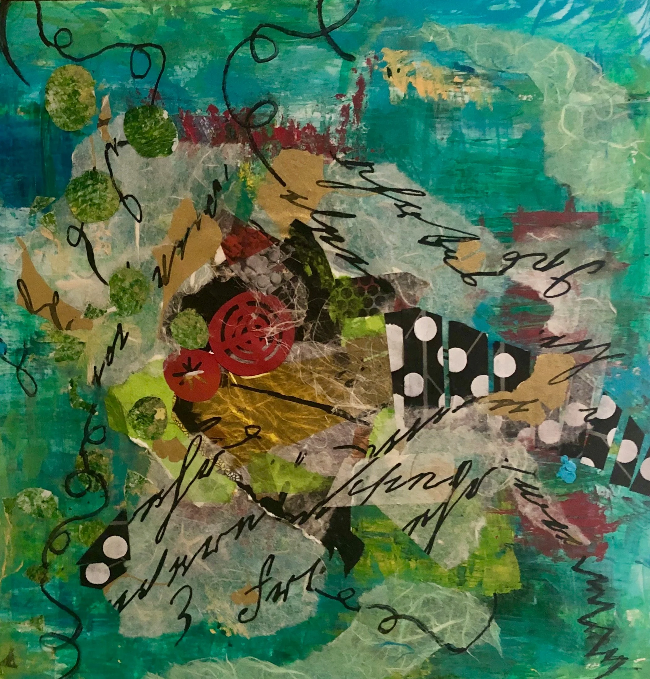 Cerulean Thoughts 2019 Collage of tissue paper, cut up papers & acrylic paint 14” x 14”