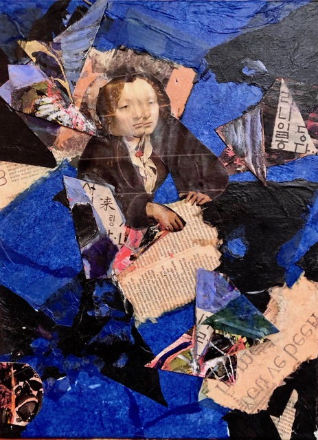 Mysterious Woman 2019 Torn up old collage, assorted papers & text 15” x 12”