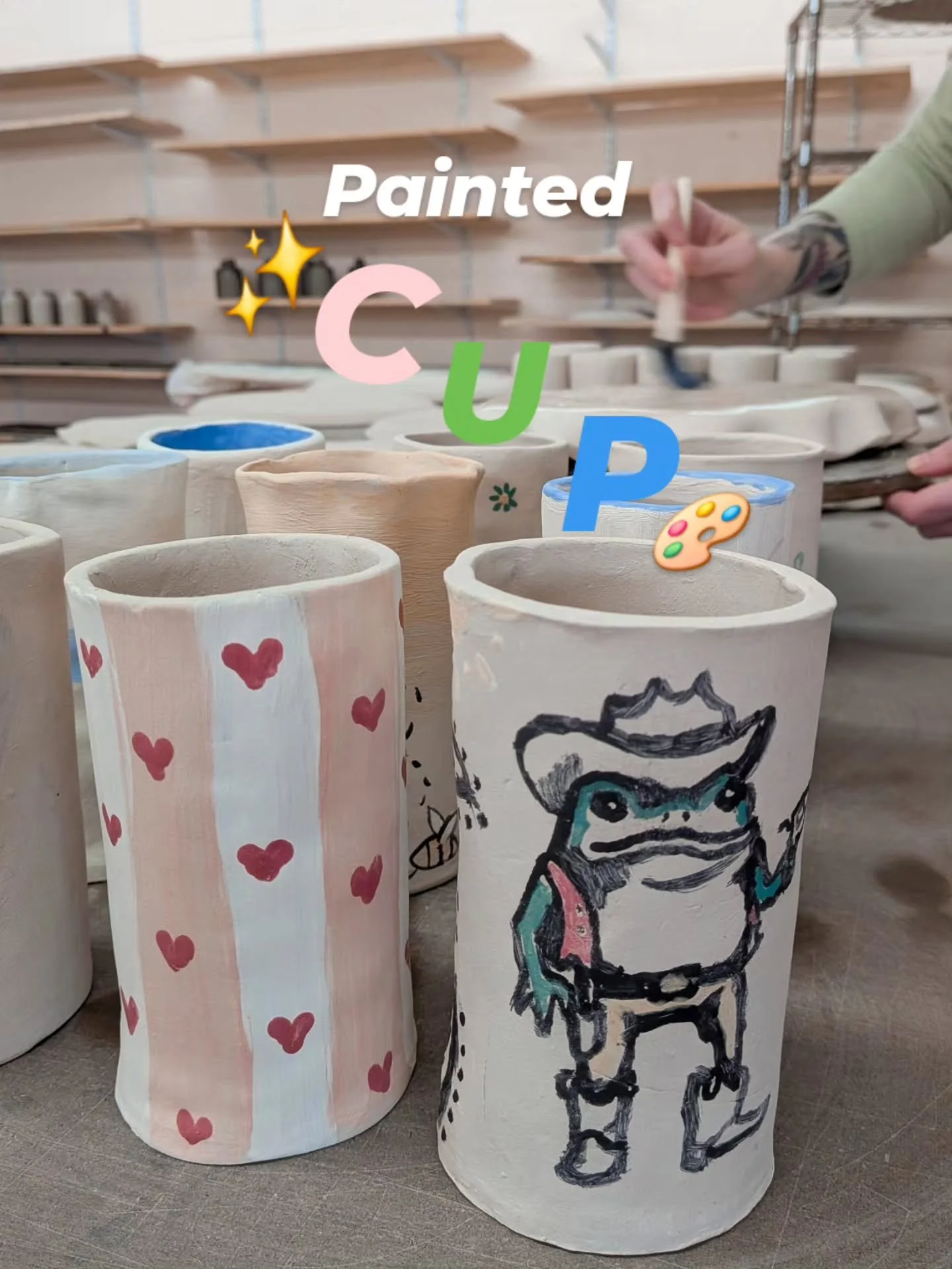 Your talent has us in awe 🐸 here are just a few of our favorites from our recent painted cup class! These vessels are the perfect way to express yourself artistically, whether you use them as a cup or a vase! Me personally? I have one for my 🪥 and 