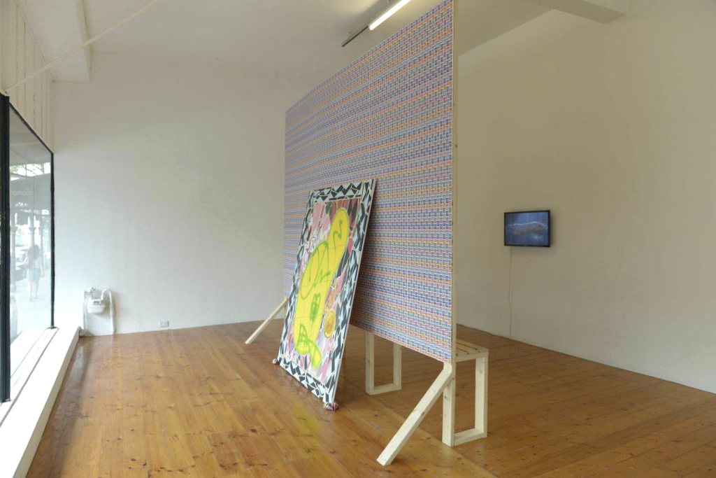 'Smokes &' install, Gertrude Contemporary, 2014. Oil on canvas, timber, wallpaper, beer cans & video