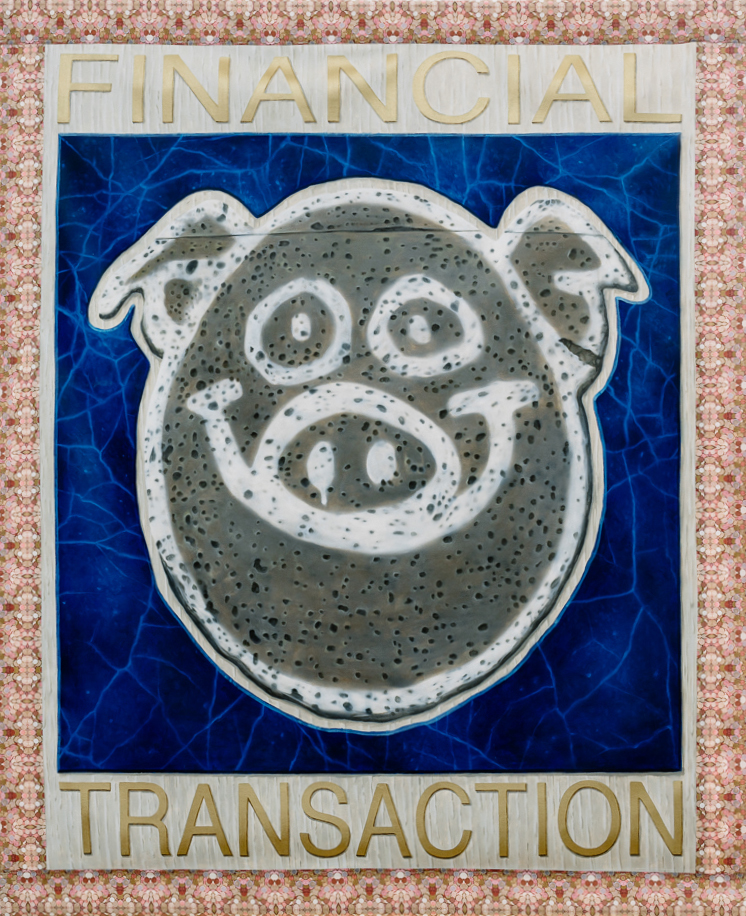 'Oink', (What Noise does a Pig Make) oil on canvas with cotton trim, 2015