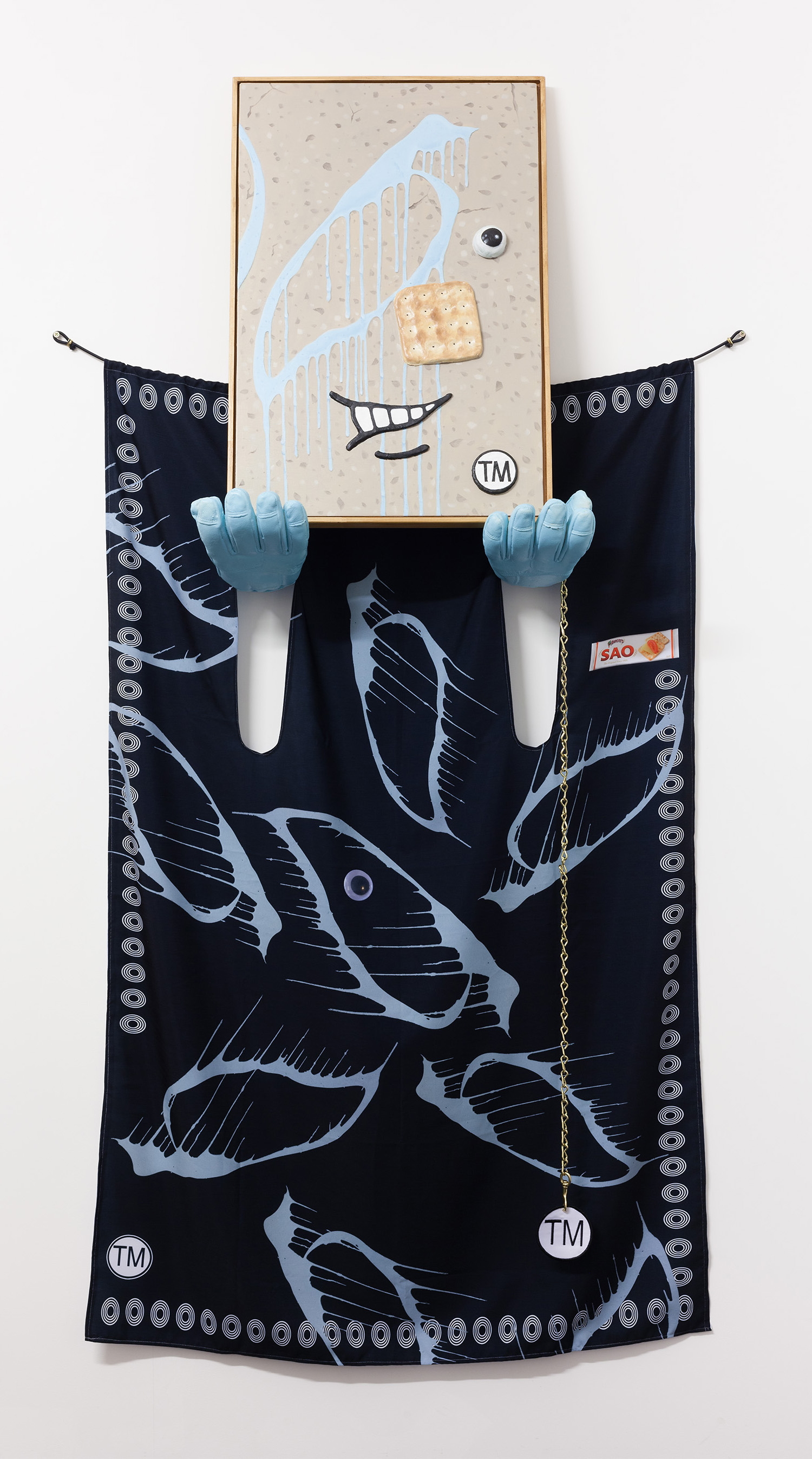 'Soggy SAO', oil on clay & board, plaster, digital print, brass and cotton embroidery. 2015. Photo courtesy of Taryn Ellis   