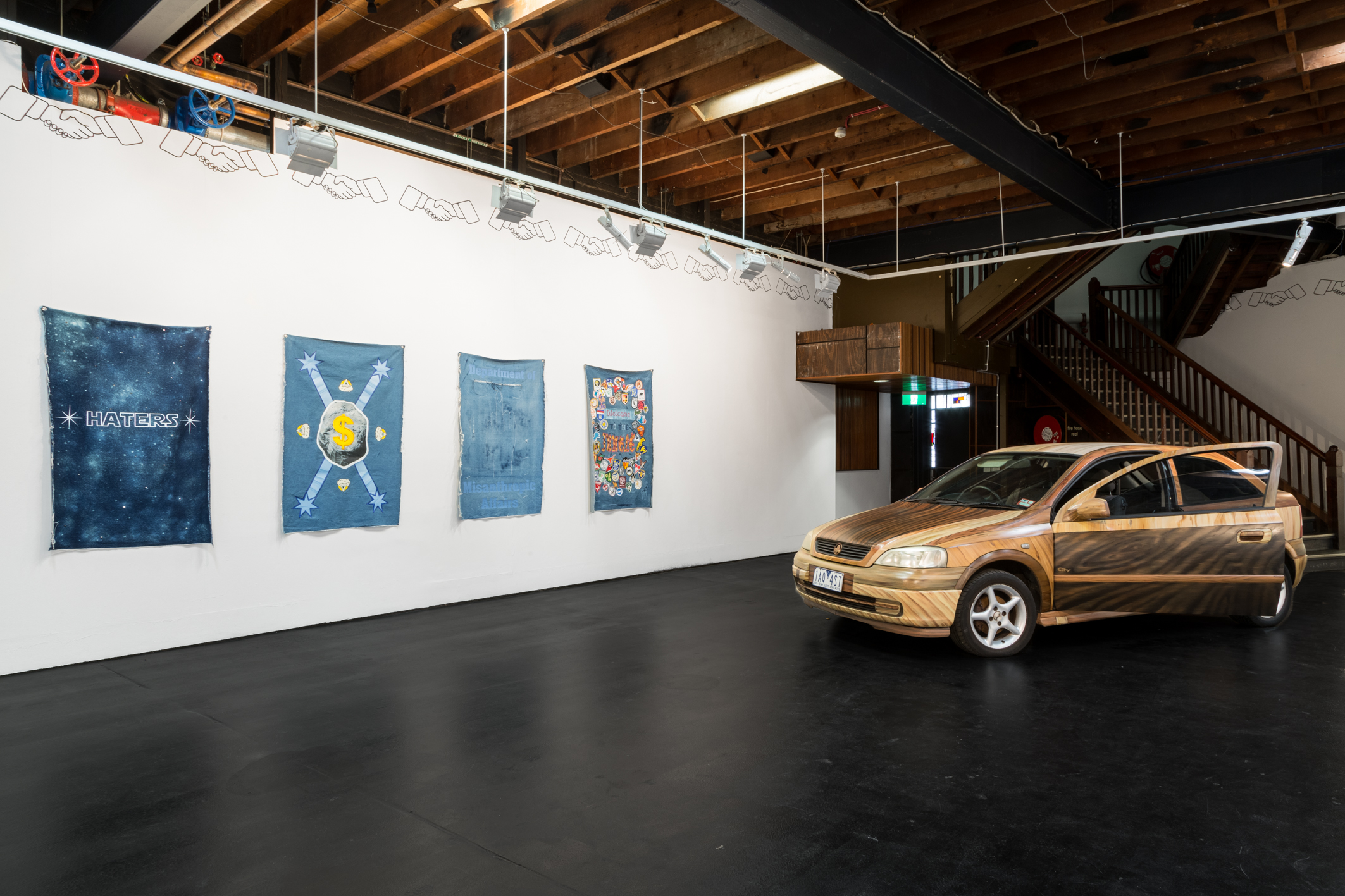 Denimism with Tony Garifalakis, 2012 & Colleen's Caraoke Astra, oil on car, 2015-16. Image courtesy of Christo Crocker