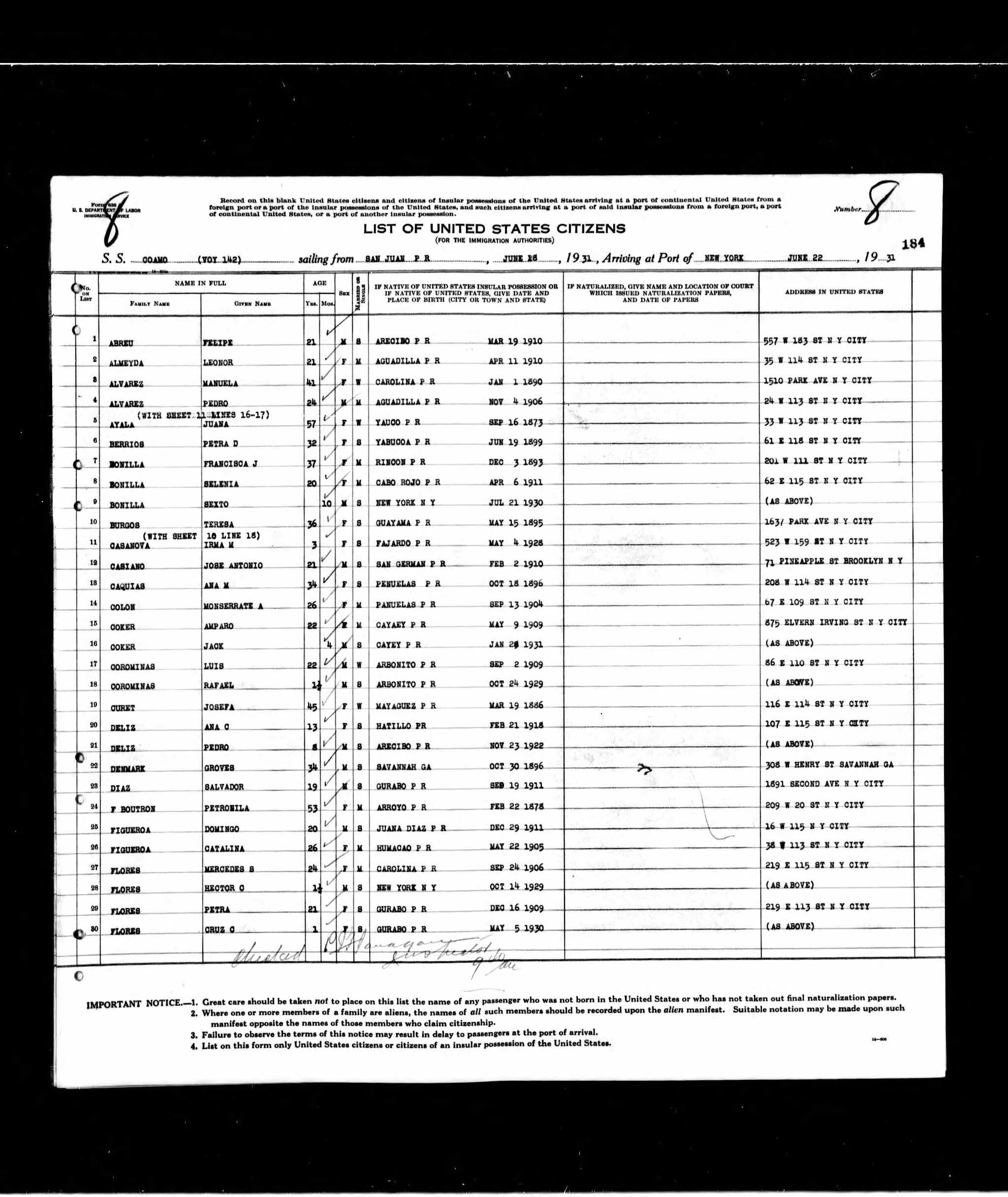 Puerto Rican Passenger List for SS Coamo, 1931
