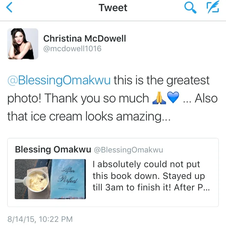 Bibliophile moment: Christina McDowell liked my photograph of her book. She was also kind enough to share some writing advice with me.