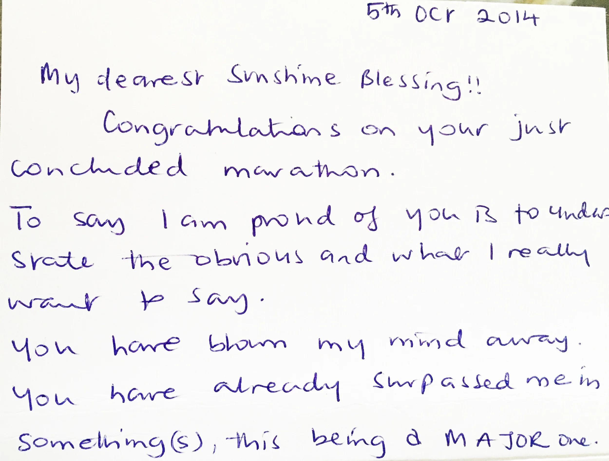 A letter my mother sent me with a beautiful gift the day of my marathon. I will cherish it forever!