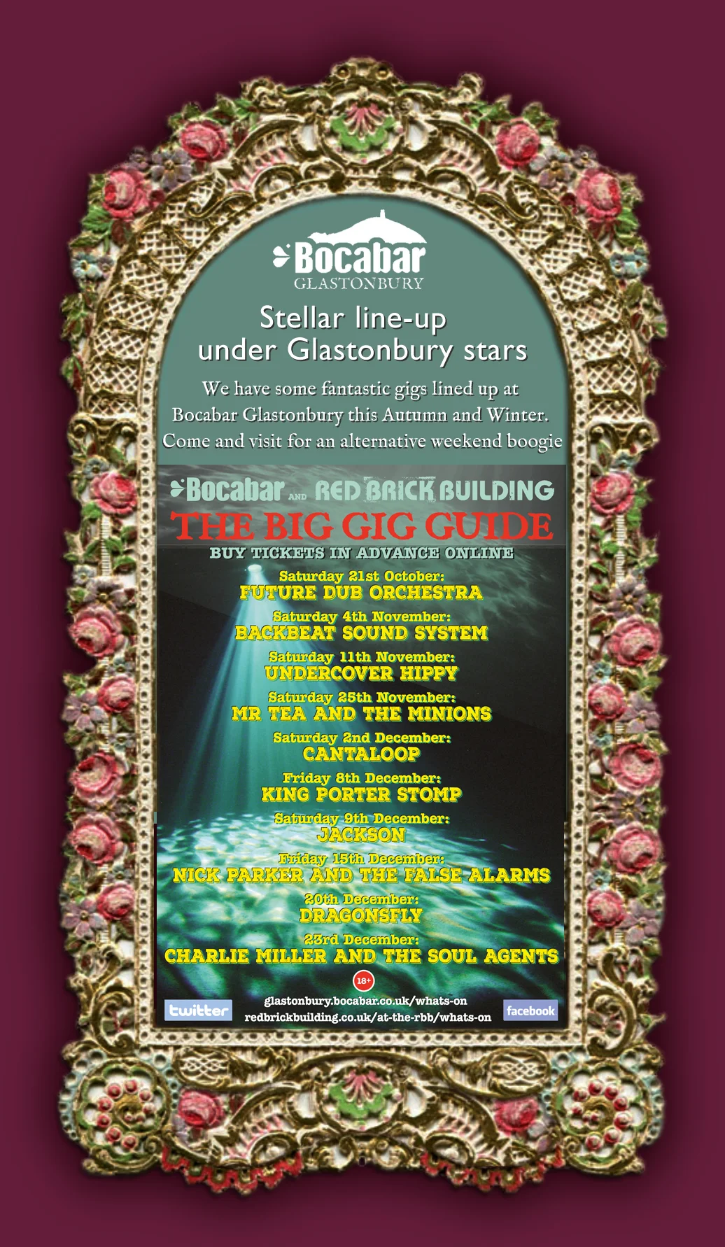 Stellar line-up under Glastonbury stars We have some fantastic gigs lined up at Bocabar Glastonbury this Autumn and Winter. Come and visit us for an alternative weekend boogie