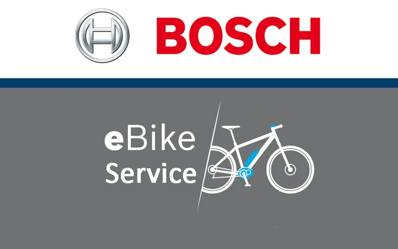 Bosch logo at the top, with 'eBike Service' text and a graphic of a bicycle below on a gray background.
