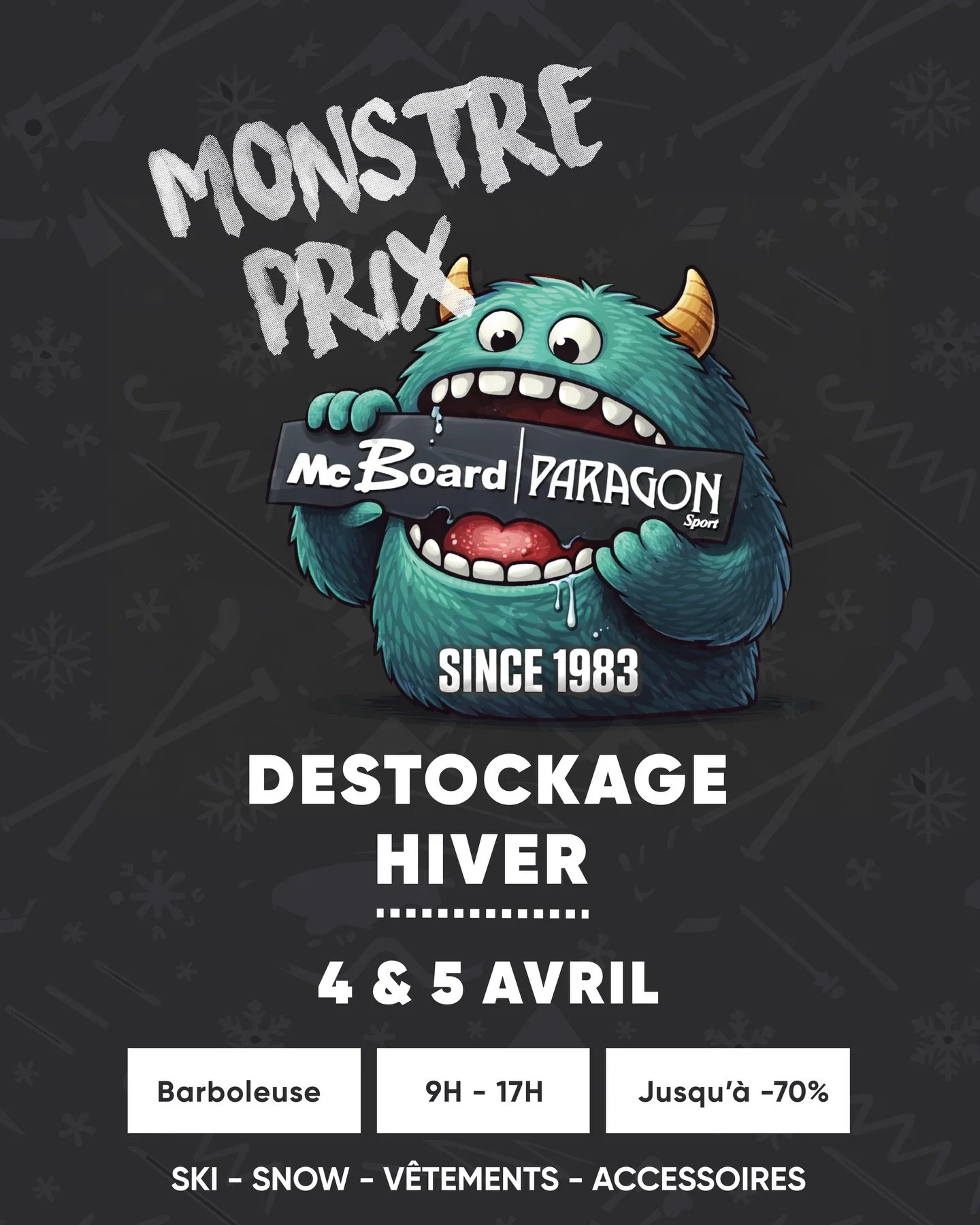 ❄️ DESTOCKAGE HIVER ! 🌞​

L&rsquo;hiver tire sa r&eacute;v&eacute;rence, chez McBoard - Paragon Sport, on sort le grand jeu avec des remises incroyables allant jusqu&rsquo;&agrave; -70% sur tout le n&eacute;cessaire pour vos aventures en montagne ! 