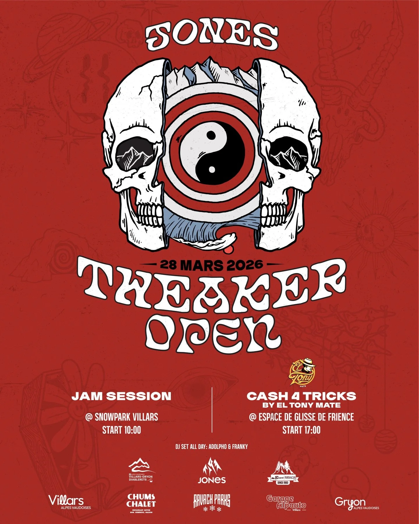 🔥​ TWEAKER OPEN - JONES 🔥​

📆​ 28 mars 2026
📍​ Snowpark Villars &amp; Espace de glisse de Frience

Snowboard &amp; good vibes only 😛​ 

PROGRAMME 

​1️⃣​ Jam Session by @ravach_parks au Snowpark de Villars 
Snowboard Freestyle - d&eacute;but de 