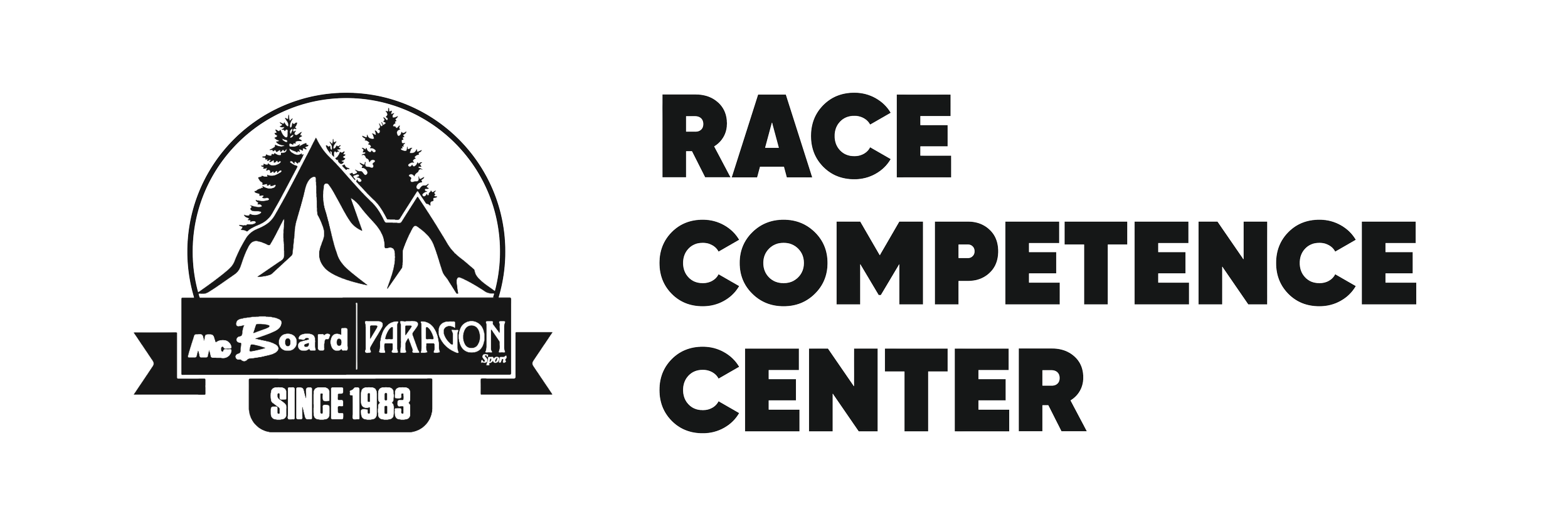 Logo for Race Competence Center featuring a mountain range, pine trees, and a banner that says 'Mr. Board Paragon since 1983'.