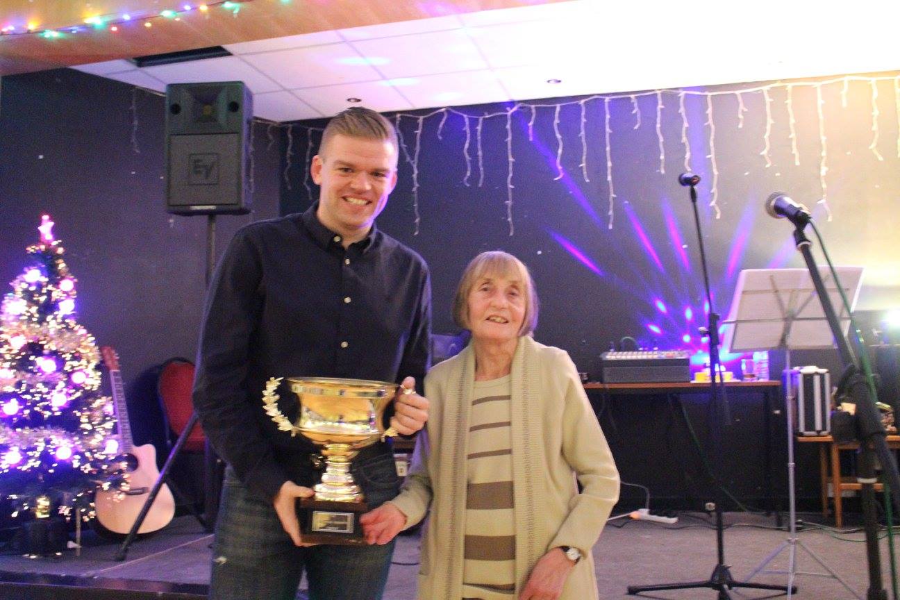 Darwen Dashers legend, Maureen Roberts, presenting me with her trophy