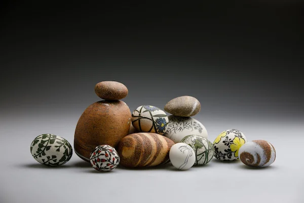 Coastal Stones , 2019. Porcelain, stoneware, wheel-thrown and altered. Up to 8h x 16w x 8 d cm. Image: Andrew Sikorski-Art Atelier