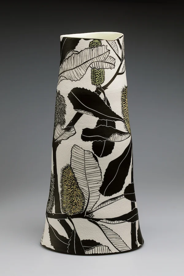 Banksia robur , 2019. Porcelain, sgraffito, 48.5h x 24w x 22.5d cm. Image: Art Atelier